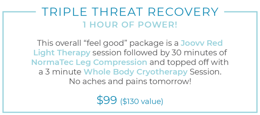 Triple Threat Recovery Package: Joovv Red Light Therapy, NormaTec Leg Compression, Cryotherapy for $99 valued at $130