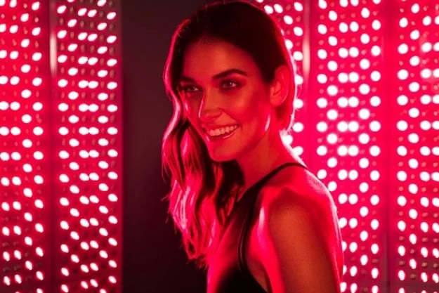 Smiling woman receiving Joovv Red Light Therapy.